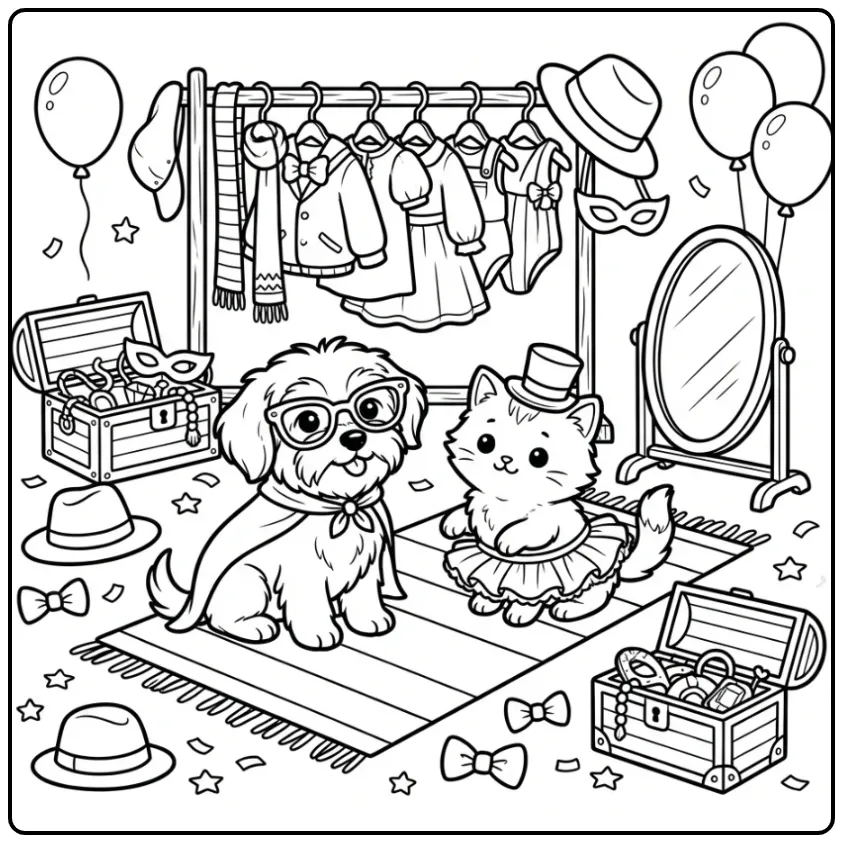 Schattige kleurplaat puppy en kitten tijdens een modeshow.