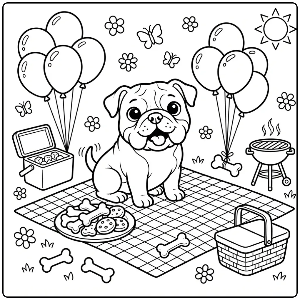 Schattige kleurplaat puppy Engelse Bulldog met BBQ spullen.