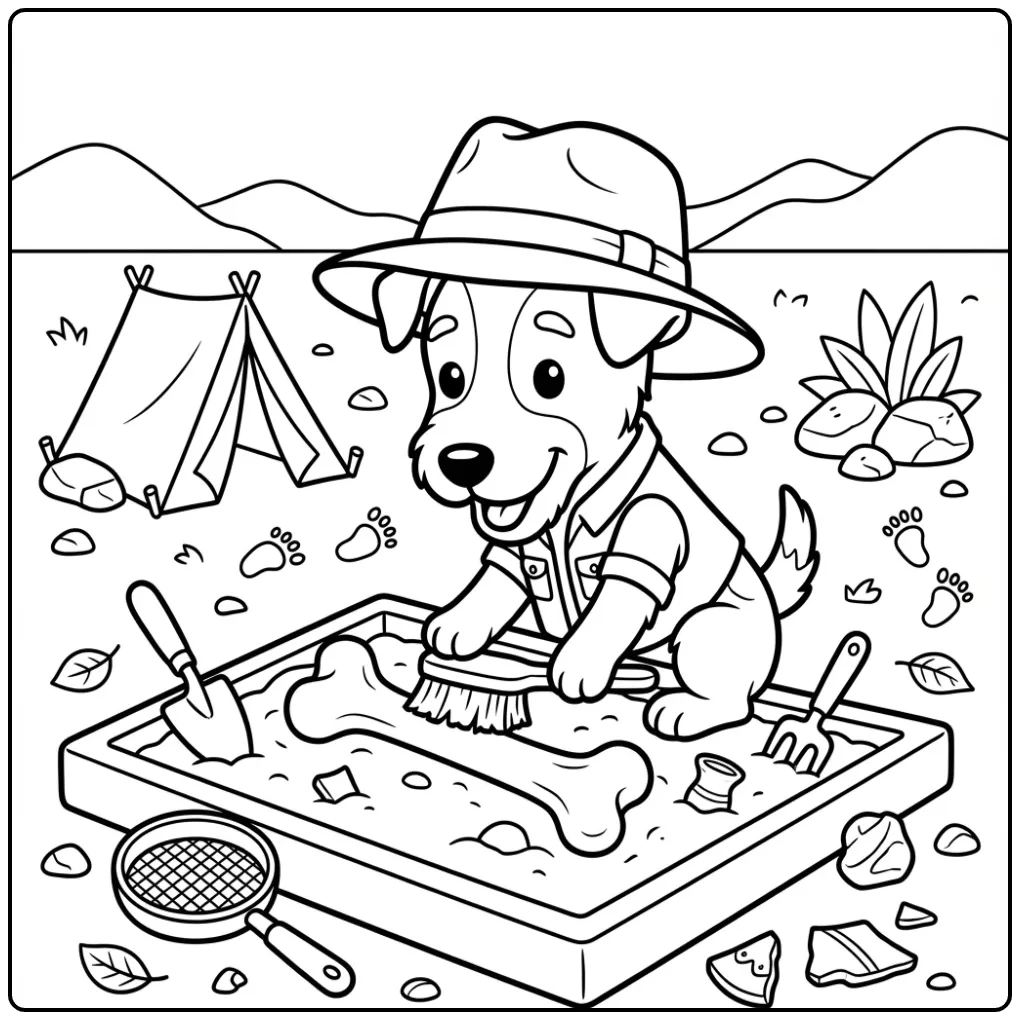 Een schattige kleurplaat puppy graaft een fossiel op.