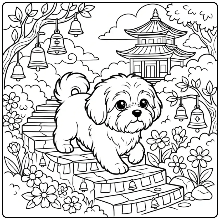 Een schattige kleurplaat puppy Lhasa Apso op stenen treden.