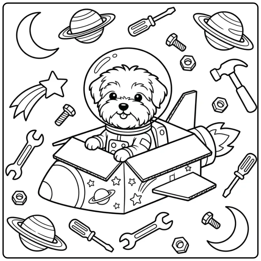 Schattige kleurplaat puppy astronaut in een kartonnen raket.