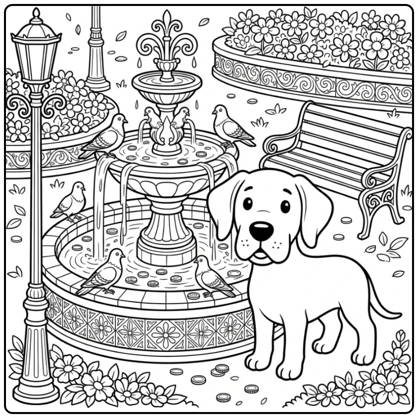 Grote Deense dog kleurplaat puppy moeilijk in stadspark.