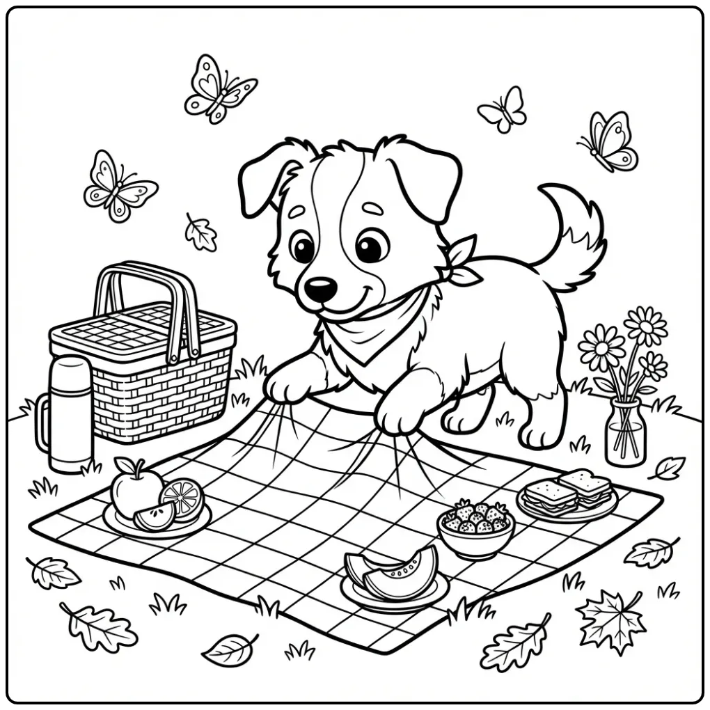 Gedetailleerde kleurplaat puppy moeilijk met een picknickmand.