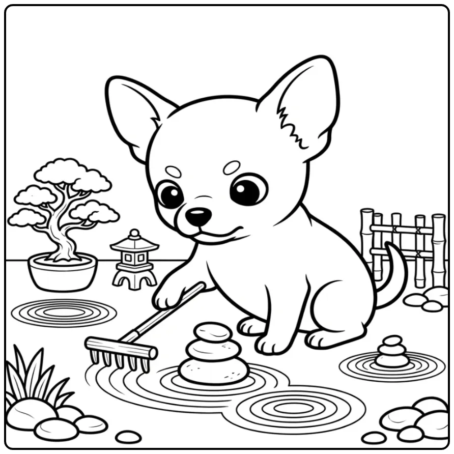 Gedetailleerde kleurplaat puppy moeilijk met zen stenen.