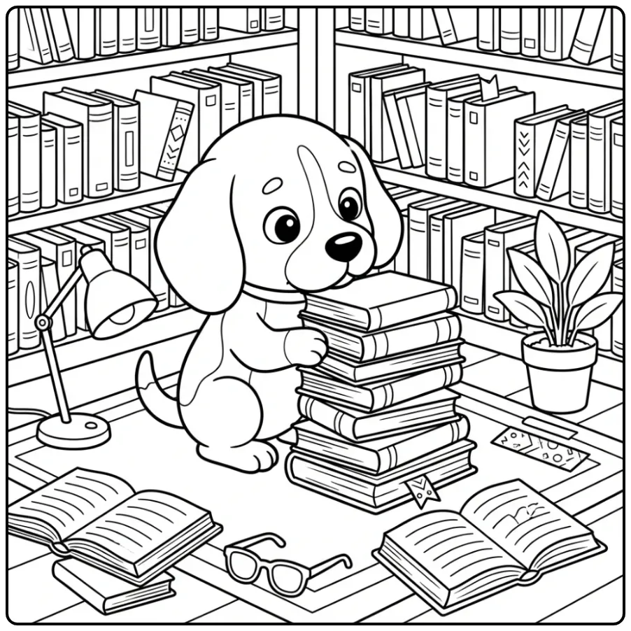 Een kleurplaat puppy moeilijk: Beagle bouwt toren van boeken.