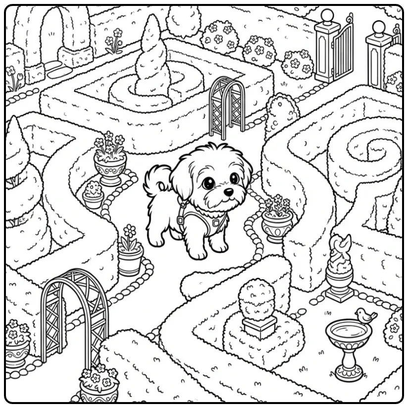 Gedetailleerde kleurplaat puppy moeilijk in een siertuin doolhof.