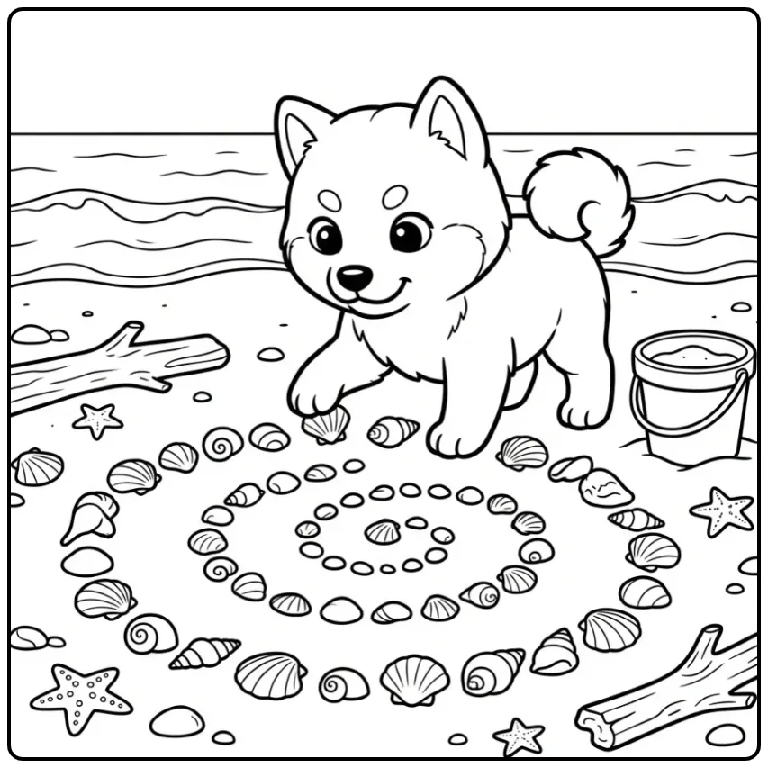 Gedetailleerde kleurplaat puppy moeilijk op het strand.