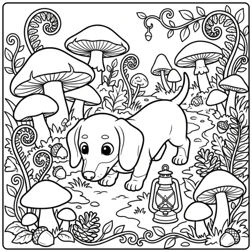 Gedetailleerde kleurplaat puppy moeilijk van een teckel in bos.