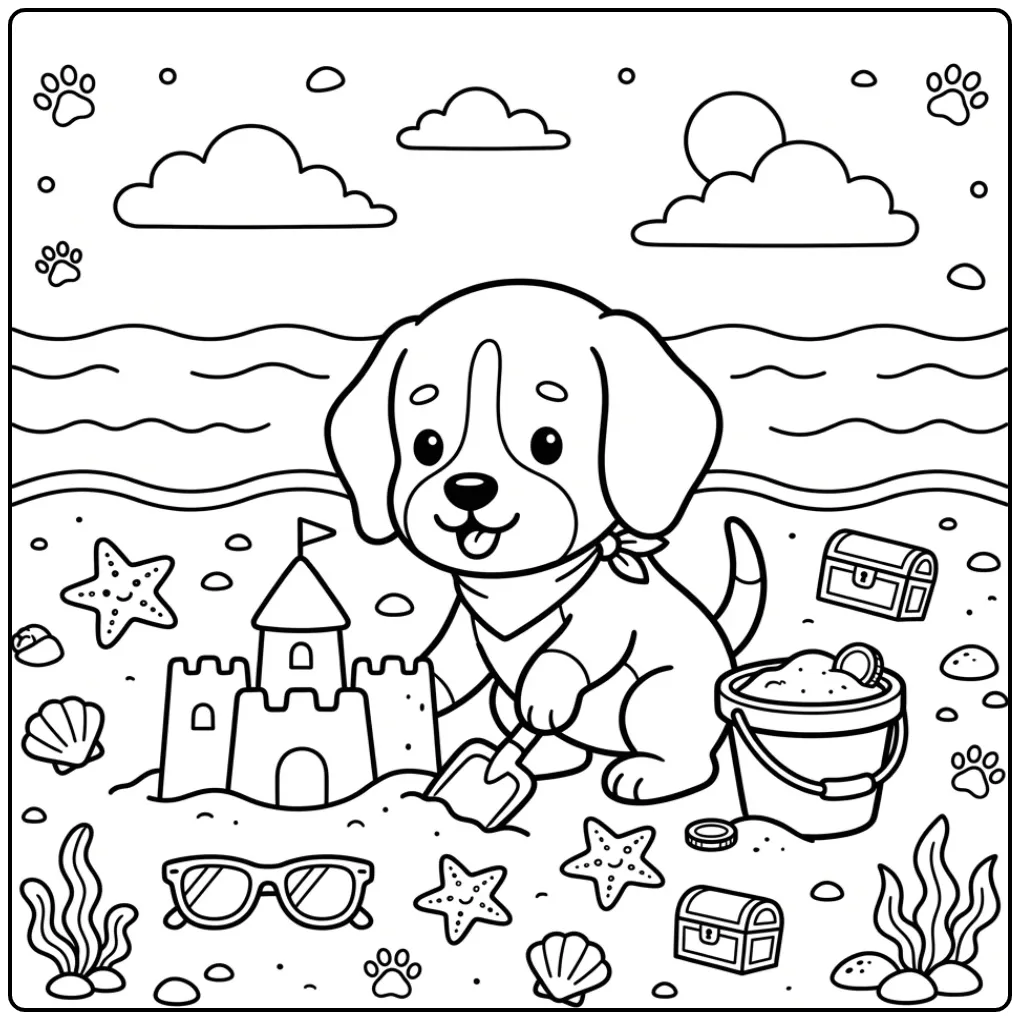 Beagle zoekt schat op het strand leuke kleurplaat puppy.