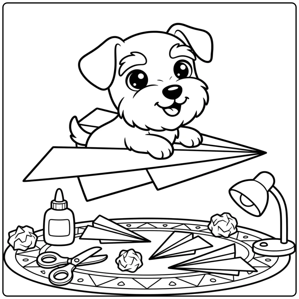 Schattige kleurplaat puppy met papieren vliegtuigje.