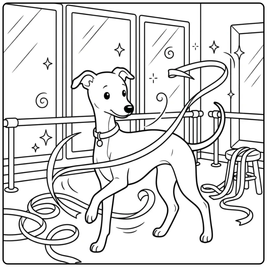 Schattige kleurplaat puppy die een lintdans doet in de studio.