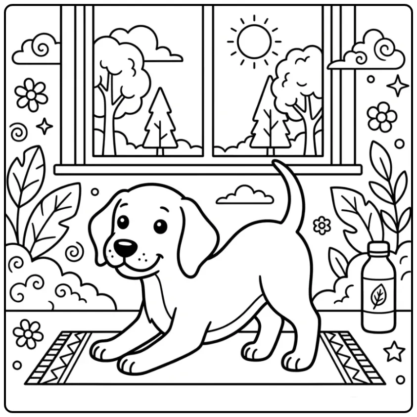 Schattige kleurplaat puppy doet yoga op een matje met bladeren.