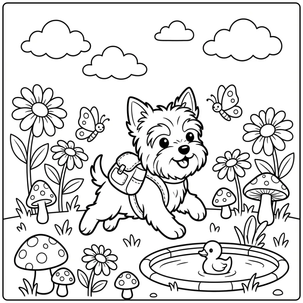 Schattige Yorkie kleurplaat puppy met rugzak jaagt op vlinders