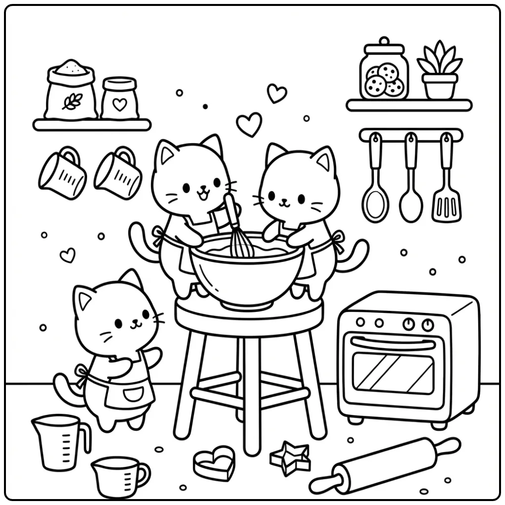 Bakken met de kleurplaat schattige katjes in de keuken