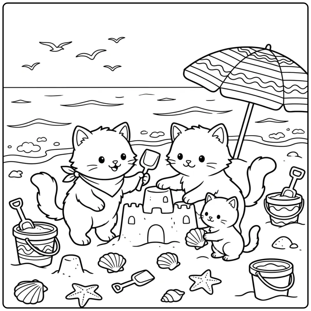 Zomerse kleurplaat schattige katjes op het strand met schepje.