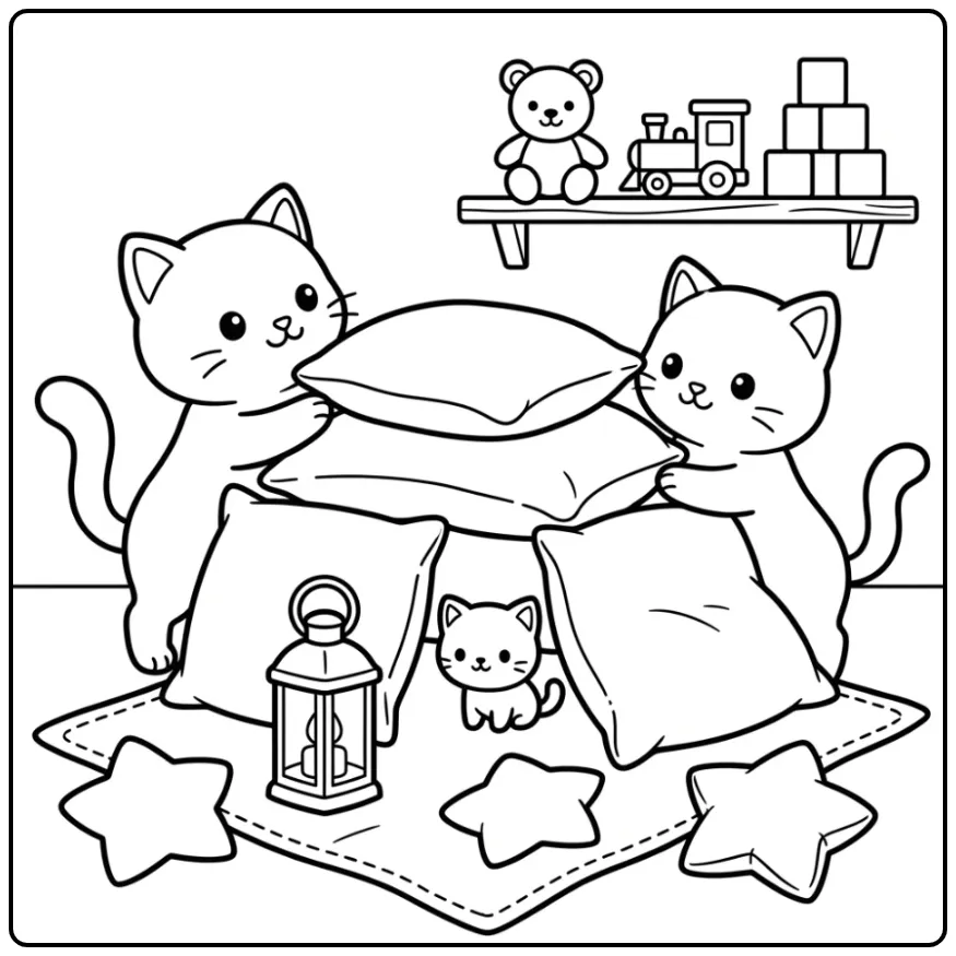 Een kleurplaat schattige katjes die een kussenfort bouwen.