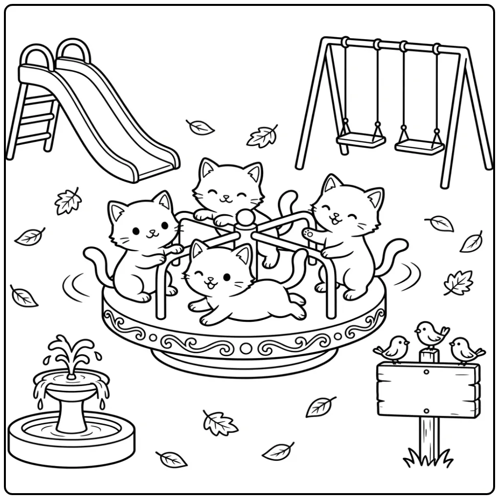 Speelse kleurplaat schattige katjes op een draaimolen.