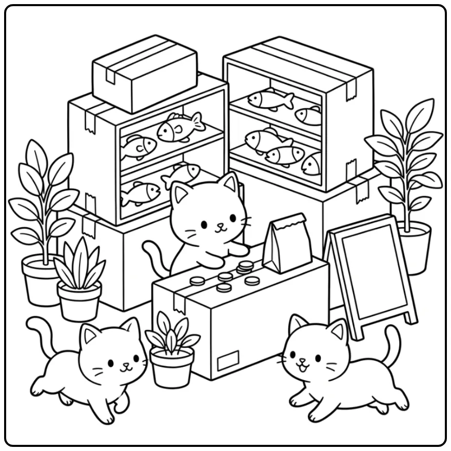 Kleurplaat schattige katjes verkopen speelgoedvisjes.