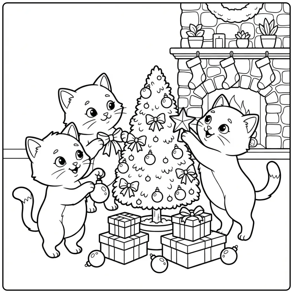 Kleurplaat schattige katjes versieren de kerstboom.