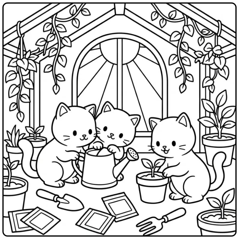 Kleurplaat schattige katjes spelen in een kleine kas.