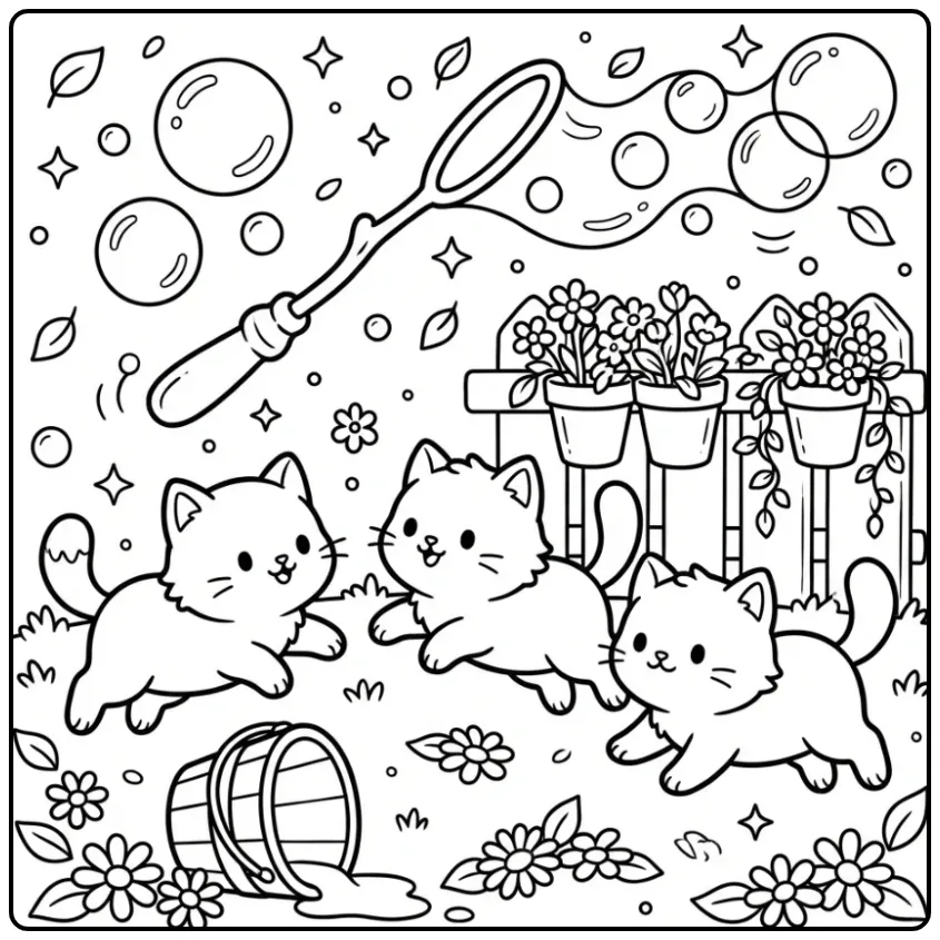 Spelende poezen met bellen in tuin kleurplaat schattige katjes