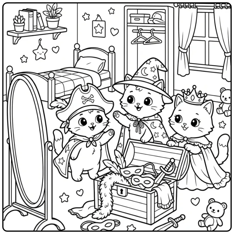 Kleurplaat schattige katjes verkleed met hoedjes en capes.