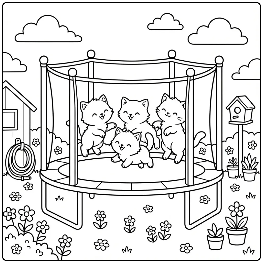 Vier springende kleurplaat schattige katjes in de tuin.