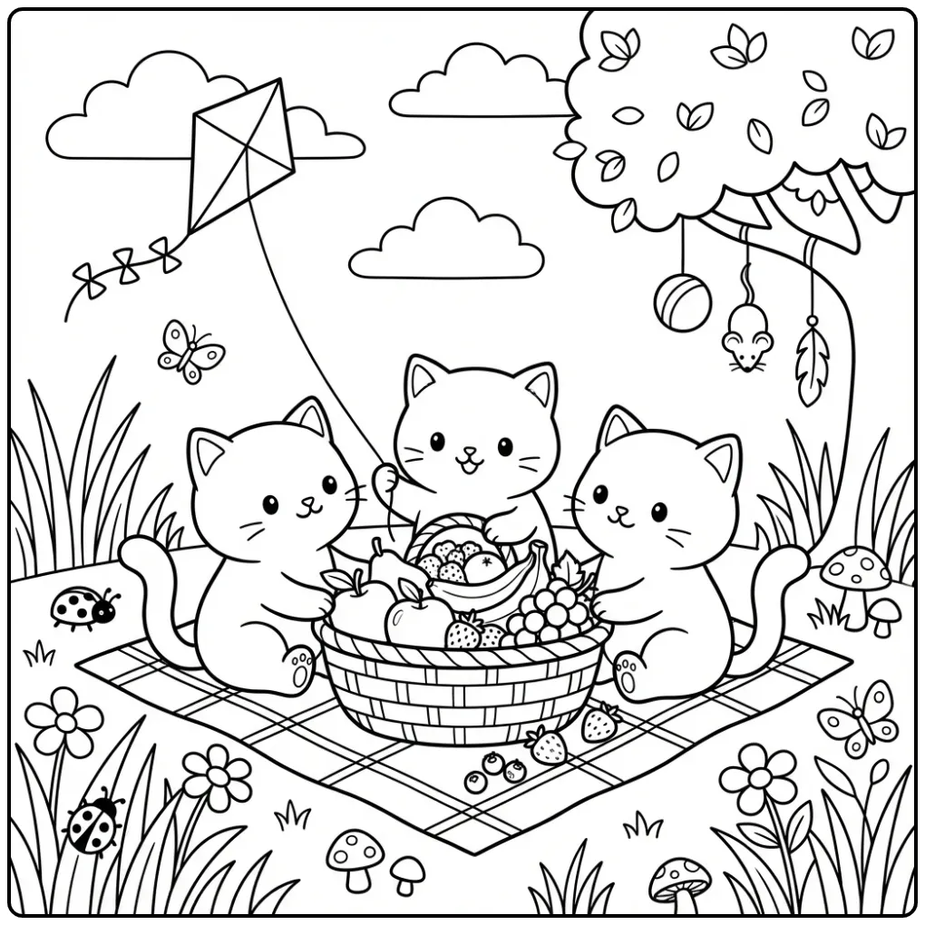 Drie kittens met fruitmand op deze kleurplaat schattige katjes