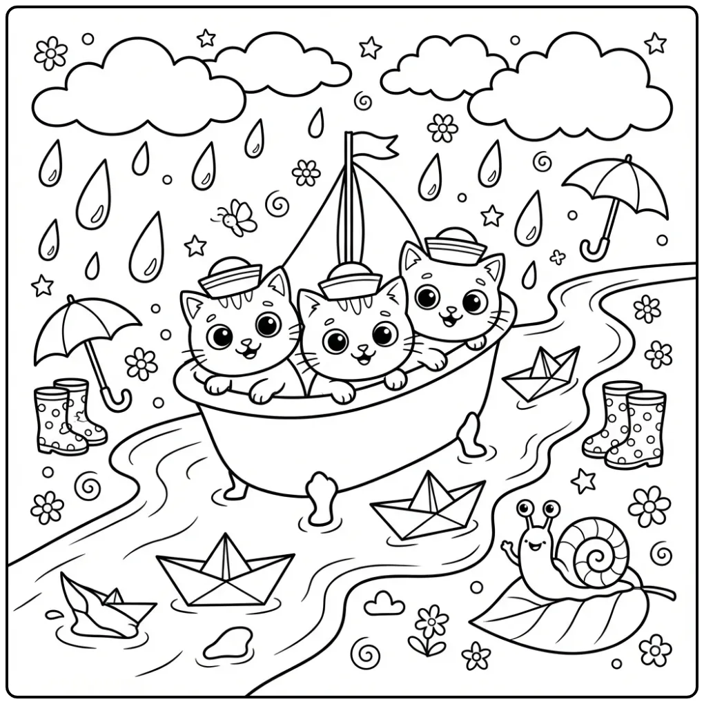 Kleurplaat schattige katjes in badkuip met regendruppels.