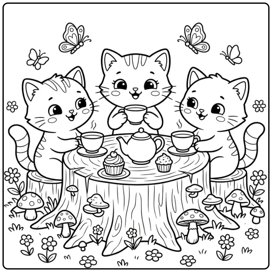 Een kleurplaat schattige katjes aan de thee met taartjes.