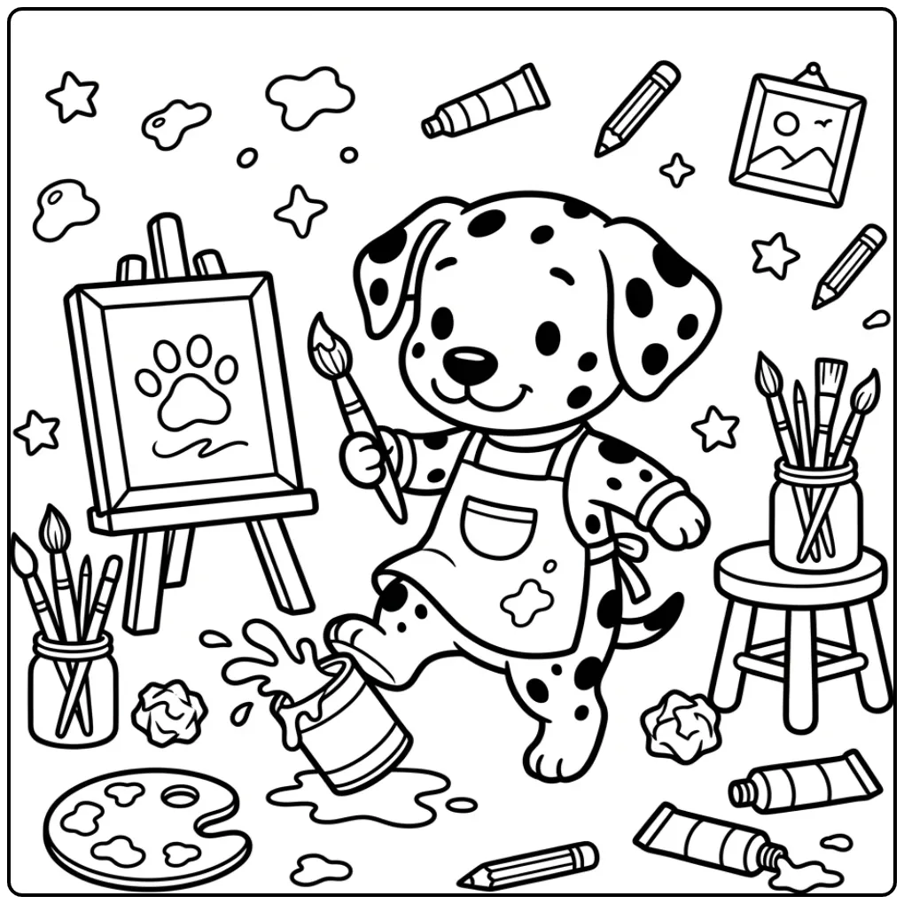 Een kleurplaat schattige puppy met een schilderspalet.