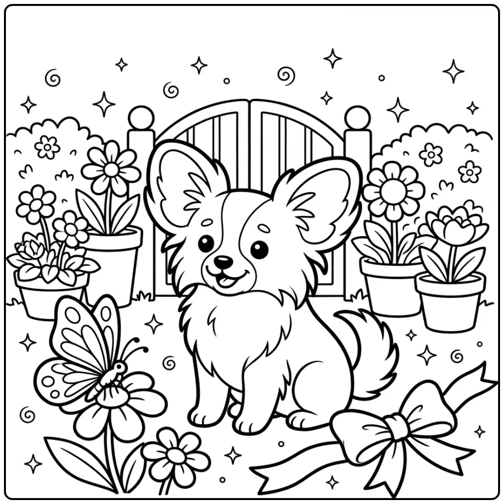 Kleurplaat schattige puppy Papillon met vlinder en bloemen.
