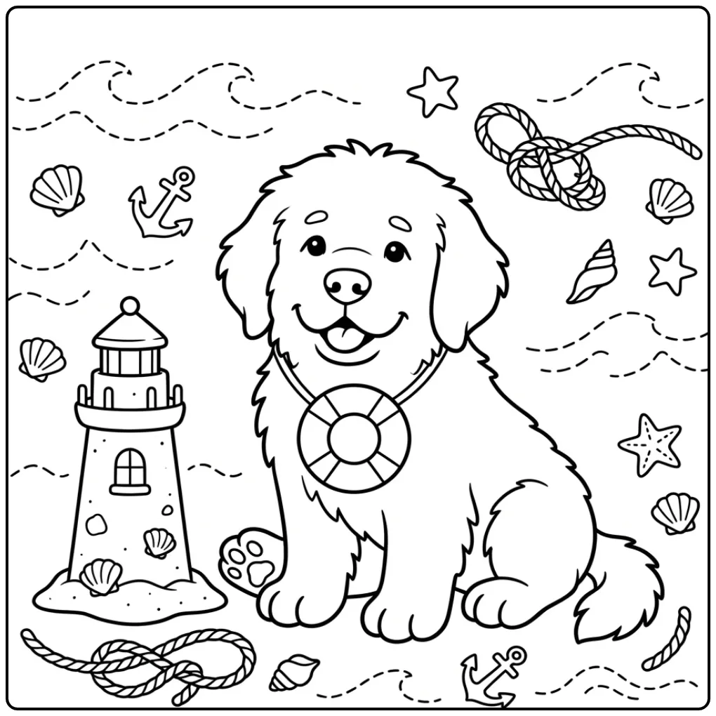 Een kleurplaat schattige puppy newfoundlander met reddingsboei.