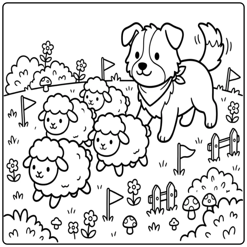 Een kleurplaat schattige puppy drijft zachte knuffelschapen.