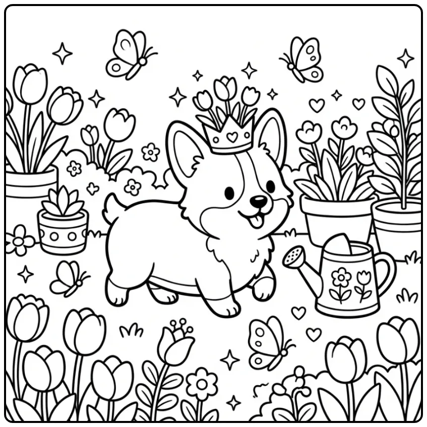 Kleurplaat schattige puppy tussen de mooie bloemen.