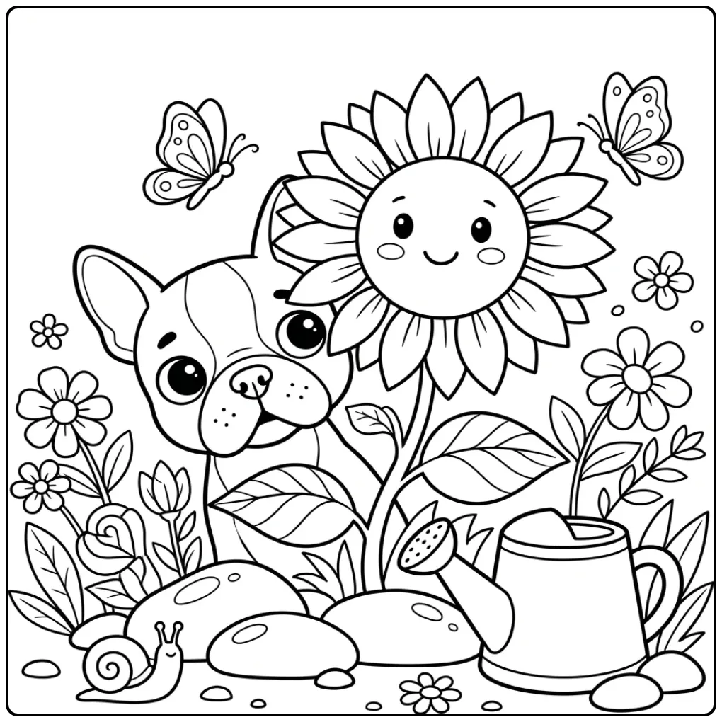 Kleurplaat schattige puppy met zonnebloem en vlinder.