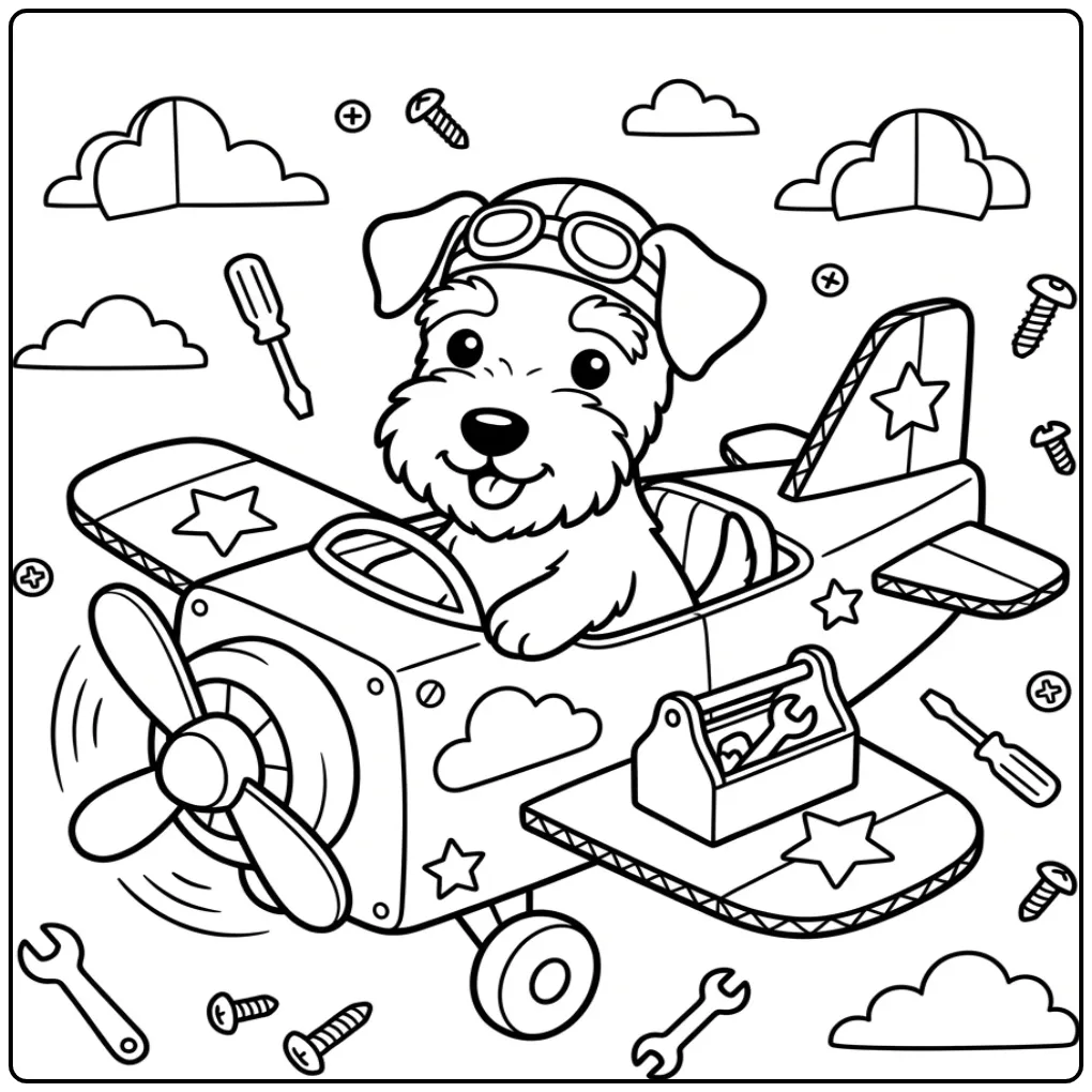 Kleurplaat schattige puppy piloot in een speelgoedvliegtuig.