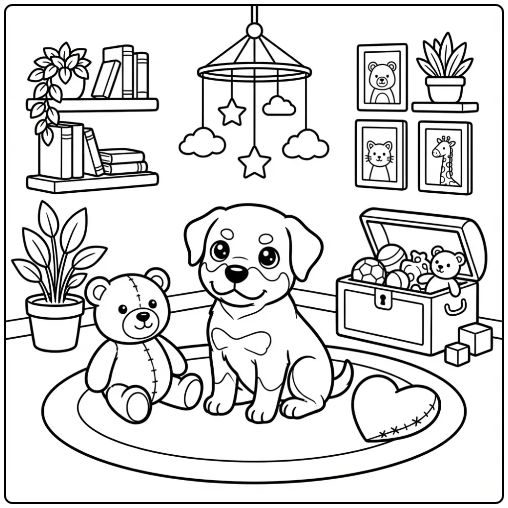 Kleurplaat schattige puppy rottweiler met teddybeer en hart.