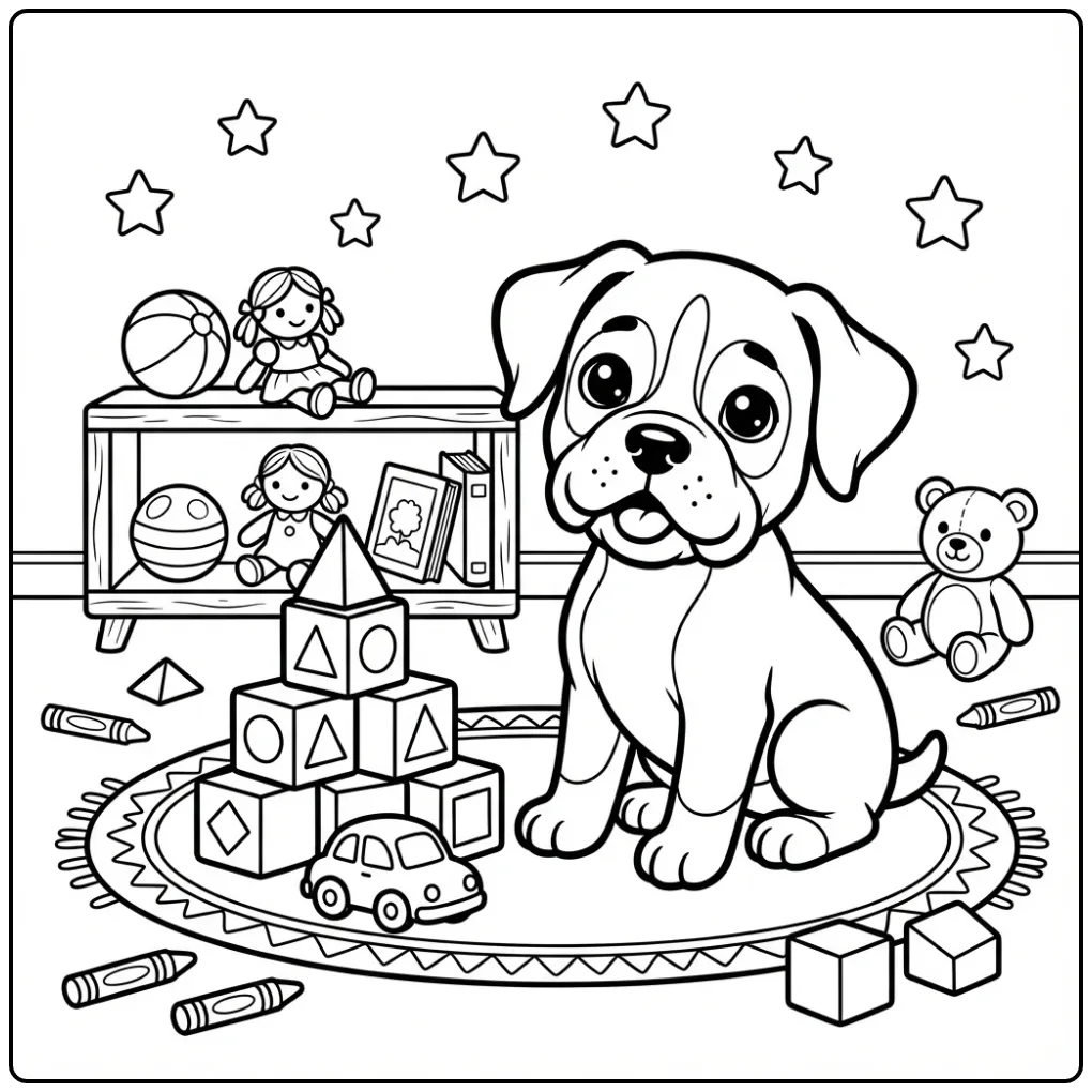 Kleurplaat schattige puppy boxer met speelgoedblokken.