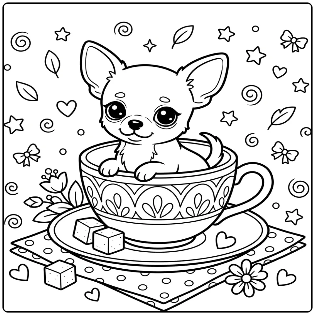 Chihuahua in theekopje als kleurplaat schattige puppy.