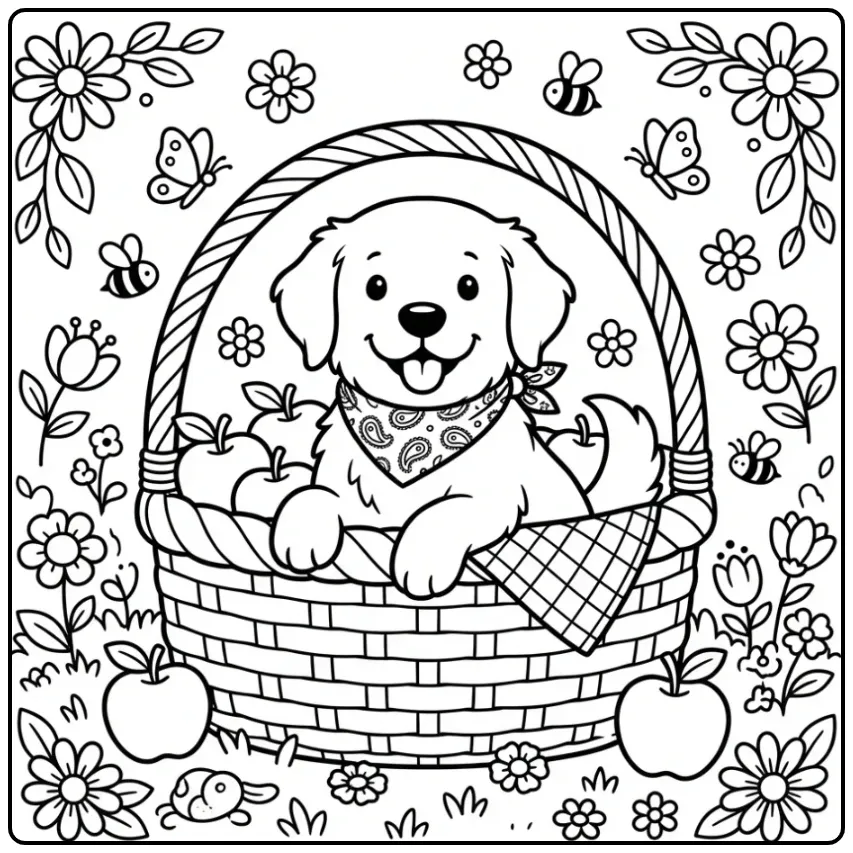 Kleurplaat schattige puppy in een picknickmand met appels.