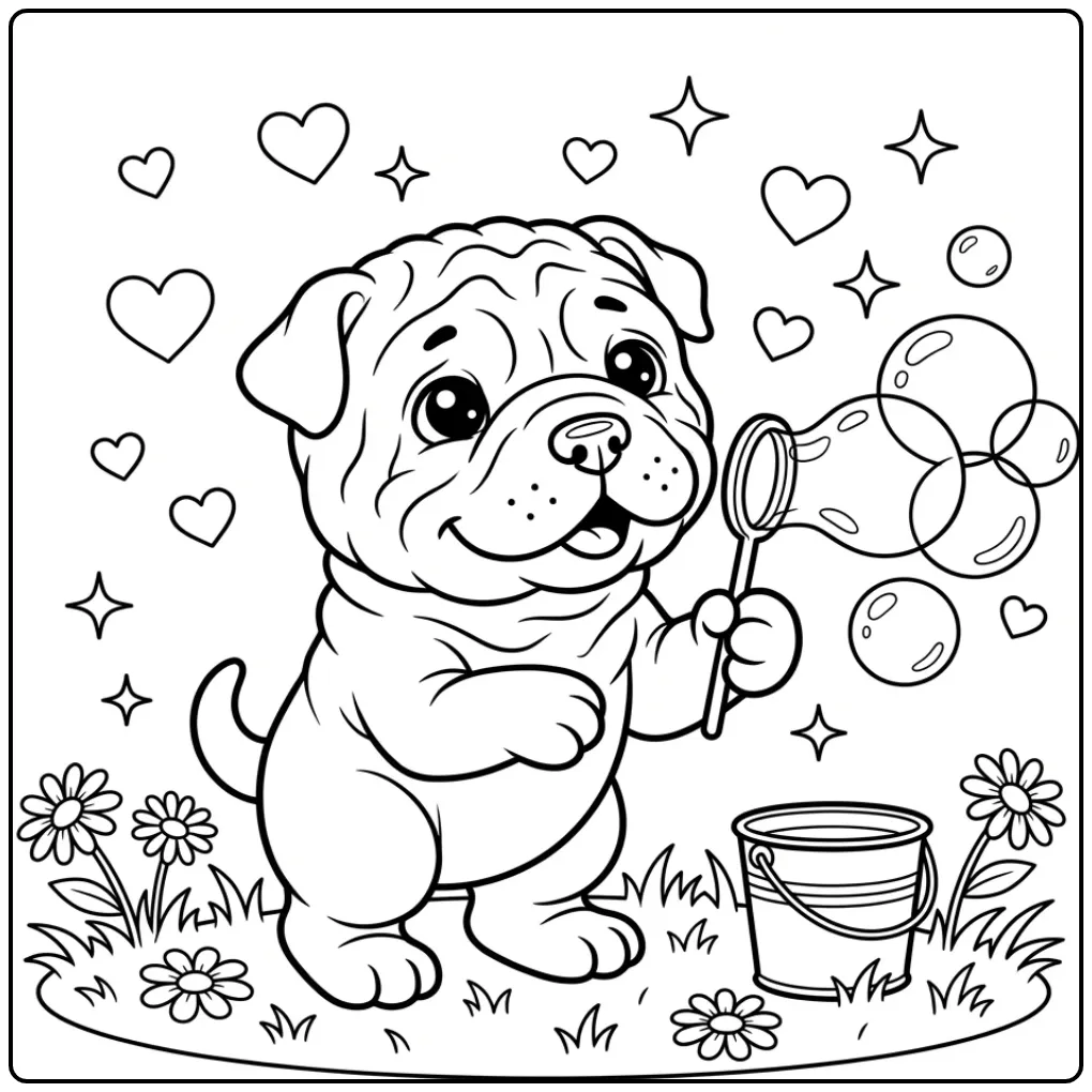 Een kleurplaat schattige puppy blaast bellen bij bloemen