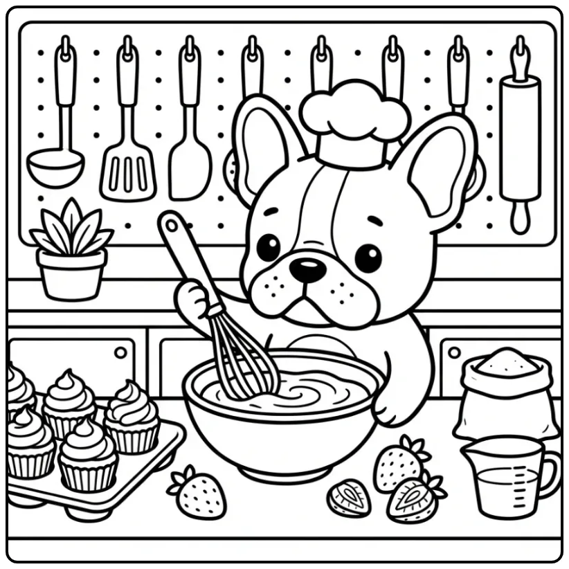 Kleurplaat schattige puppy als kok in de keuken met taartjes.