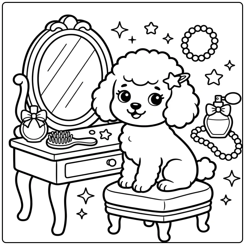 Kleurplaat schattige puppy poedel met sterretje en spiegel.