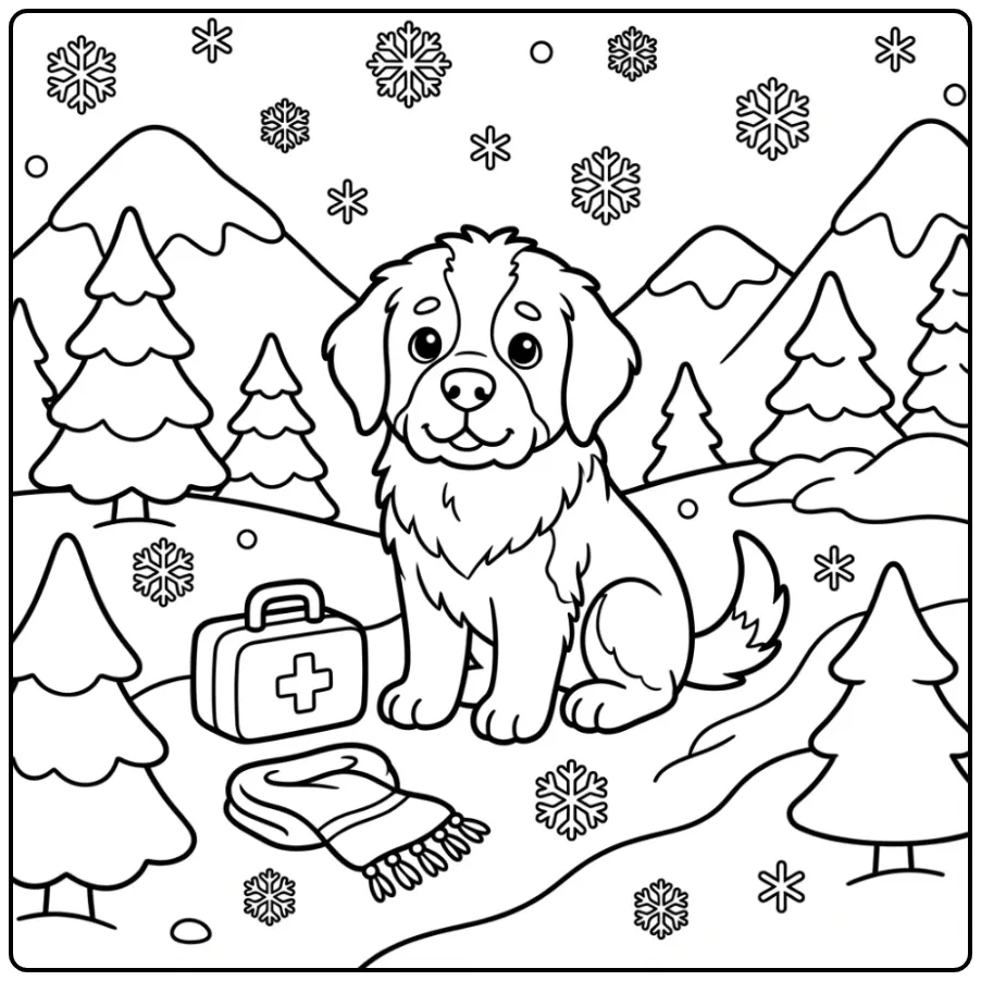 Kleurplaat schattige puppy Sint-Bernard in de sneeuw.