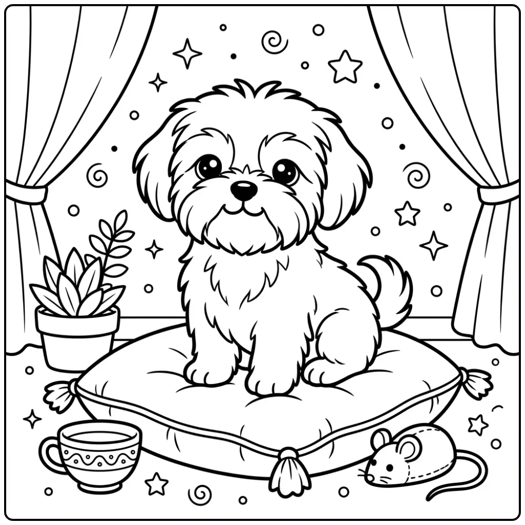 Kleurplaat schattige puppy Shih Tzu op een zacht kussen.