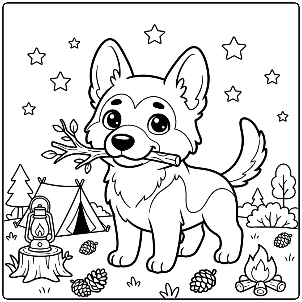 Een kleurplaat schattige puppy met een stok bij een tentje.