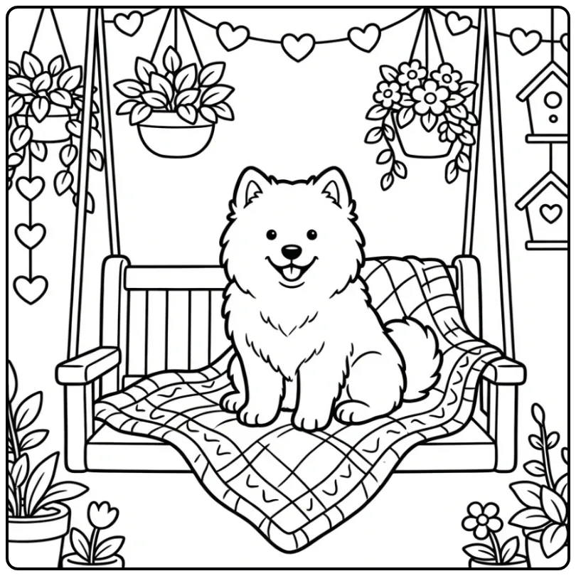 Een kleurplaat schattige puppy zittend op een knusse schommel