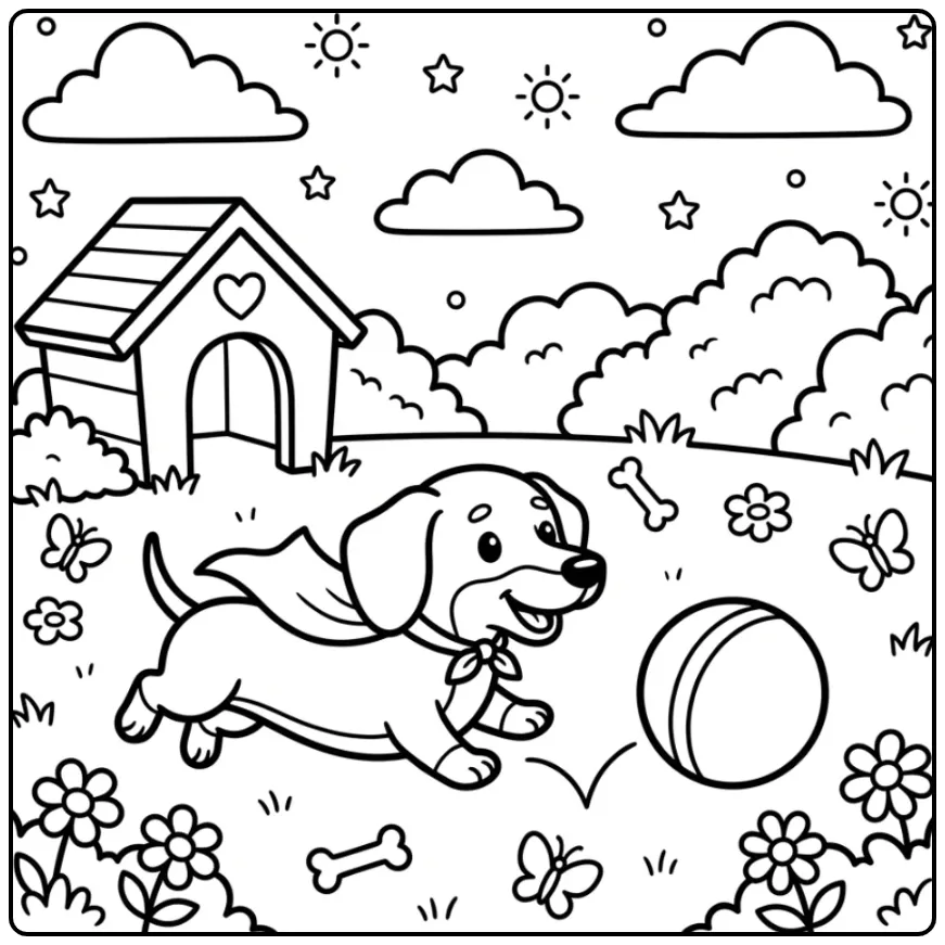 Een kleurplaat schattige puppy die speelt in de tuin.