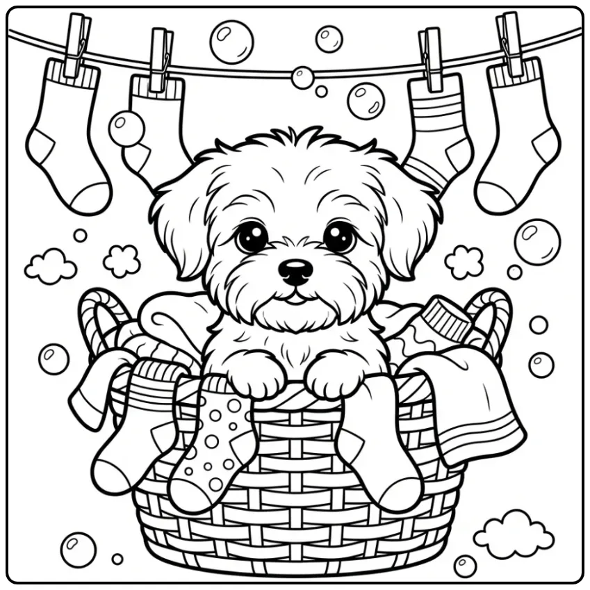 Een kleurplaat schattige puppy in een wasmand met zeepbellen.